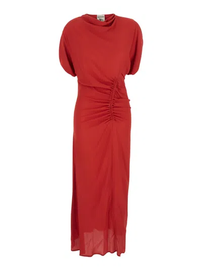 Semicouture Santiago Red Long Dress With Front Ruching Detail In Silk Blend Woman