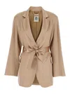 Semicouture Semi Couture Satin Blazer With Tailored Silhouette And Belted Waist In Beige