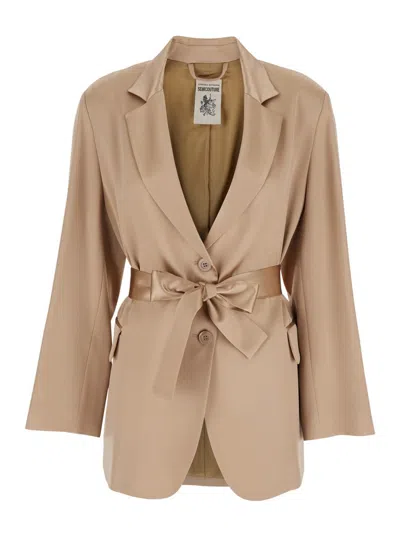 SEMICOUTURE 'CHRISTIANA' BEIGE JACKET WITH CLASSIC LAPELS AND WAIST BELT IN SILK BLEND WOMAN