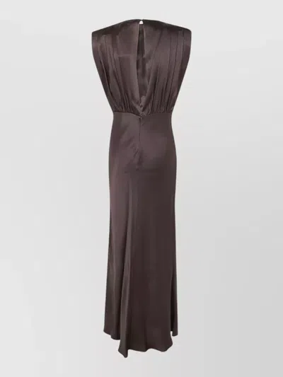 Semicouture Satin Maxi Dress Pleated Sleeveless V Neckline In Brown