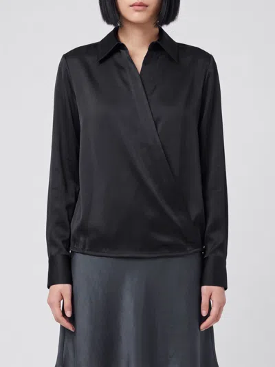 Semicouture Satin Shirt With Classic Collar, Off-center Fastening, And Elasticated Hem In Black