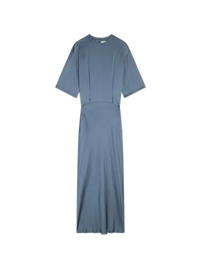 Semicouture Satin-finish Short-sleeve Maxi Dress In Blue