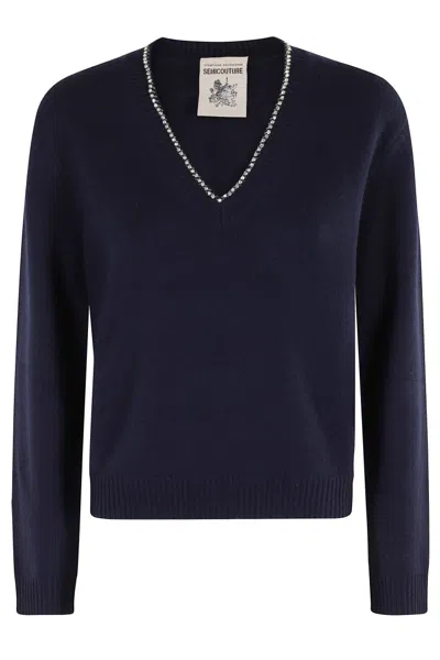 Semicouture Semi Couture Nahia V-neck Sweater With Rhinestone Detail In Blue