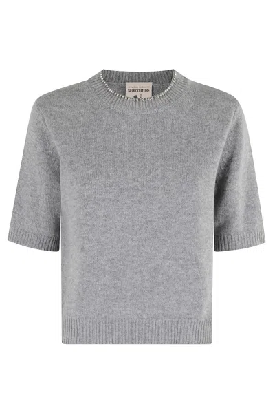 Semicouture Semi Couture Rhinestone-neckline Short Sleeve Sweater In Gray