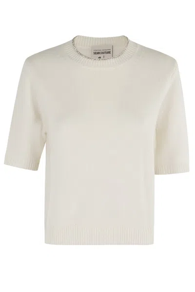 Semicouture Semi Couture Short-sleeve Leya Sweater With Rhinestone Neckline In White