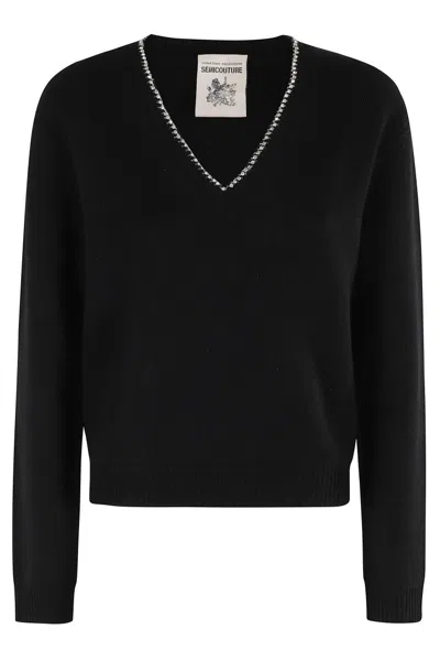 Semicouture Semi Couture V-neck Black Sweater With Rhinestone Detailing