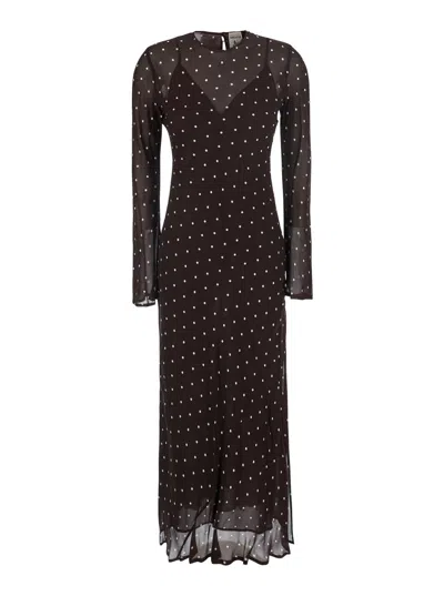 Semicouture Semitransparent Viscose Polka Dot Long Dress With Back Keyhole Closure In Brown