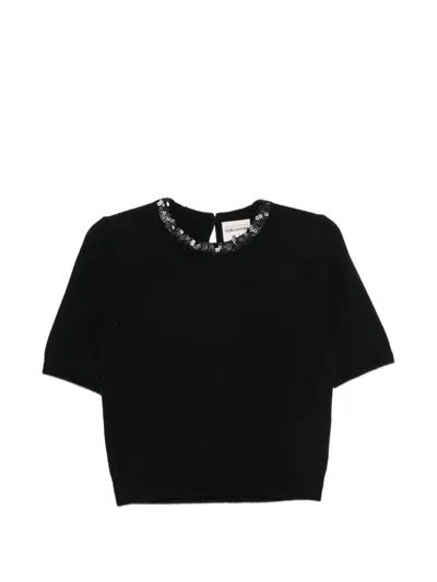Semicouture Wool Cashmere Sequin-embellished Short-sleeve Crew-neck Sweater In Black