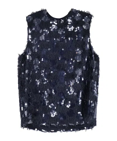 Semicouture Sequinned Fringe Sleeveless Top In Blue