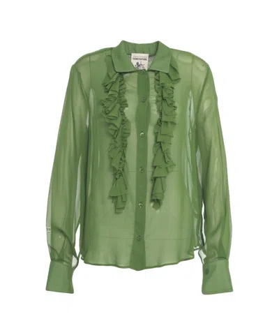 Semicouture Sheer Green Blouse With Cascading Ruffles And Classic Collar