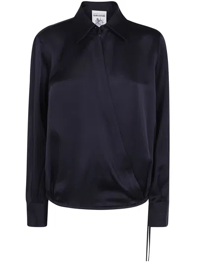 Semicouture Wrap Satin Longsleeve Blouse In Blue