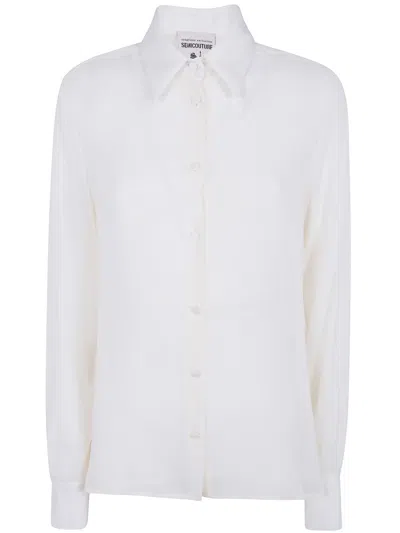 Semicouture White Silklike Collared Longsleeve Shirt