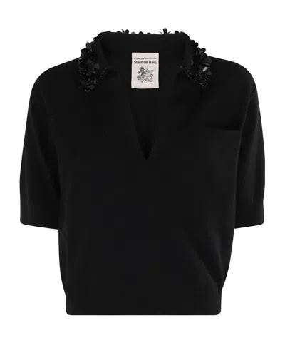 Semicouture Short Sleeve Ribbed Sweater In Black