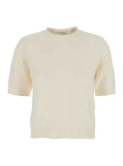 Semicouture Crystal-embellished Knitted T-shirt In Neutral