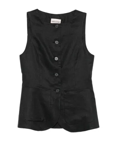 Semicouture Linen Tailoring Vest Round Neck In Black