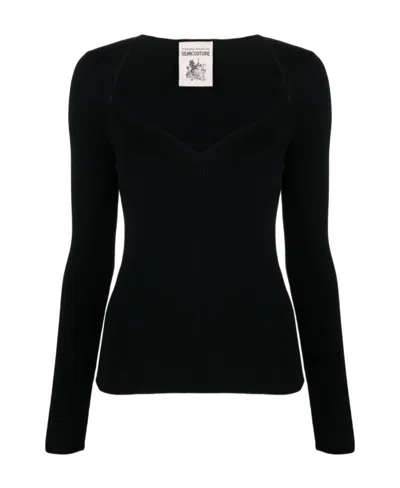 Semicouture Sweetheart-neck Knitted Top In Black
