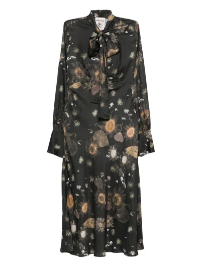 Semicouture Tie-detail Floral-print Midi Dress In Brown