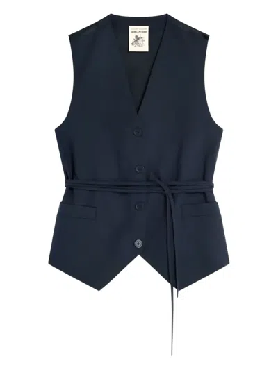Semicouture V-neck Belted Waistcoat In Blue