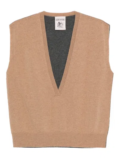 Semicouture V-neck Cashmere Knitted Vest In Brown