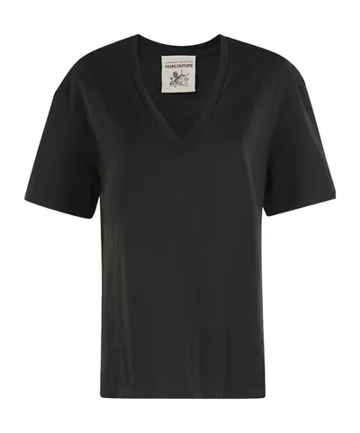 Semicouture V-neck Cotton T-shirt In Nero