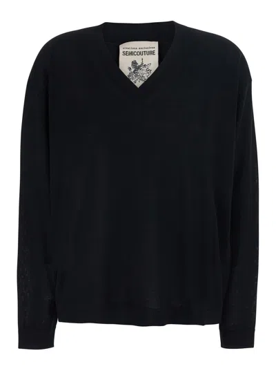 Semicouture Virgin Wool V-neck Sweater In Black