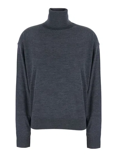 Semicouture Virgin Wool V-neck Sweater With High Collar And Straight Hems For Women In Multi