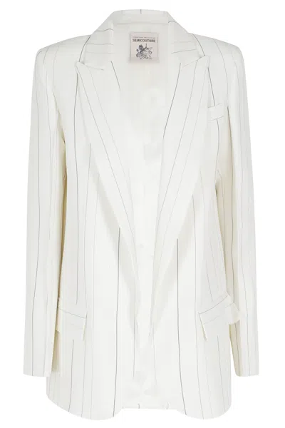Semicouture White Candida Lapel Open-front Wool-blend Blazer In Gold