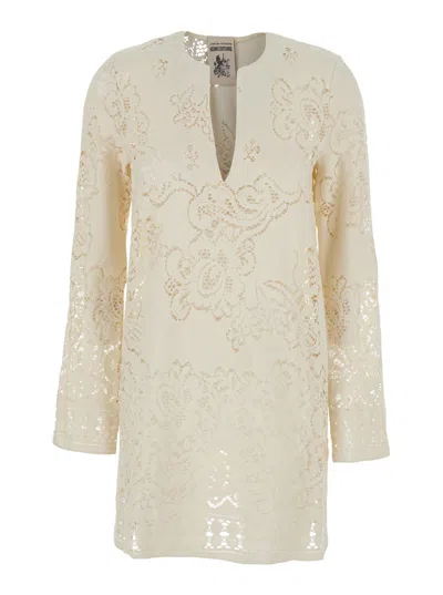 Semicouture White Dress With Deep V-neck And Lace Details In Cotton Blend Woman