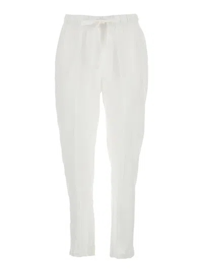 Semicouture White Pants With Elastic Waist With Drawstring In Linen Woman