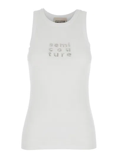 SEMICOUTURE WHITE RIBBED TOP WITH LOGO DETAIL ON THE FRONT IN COTTON BLEND WOMAN