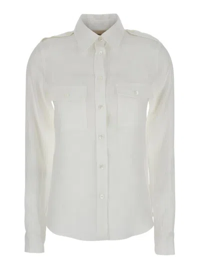 SEMICOUTURE WHITE SHIRT WITH POINTED COLLAR AND PATCH POCKETS ON THE CHEST IN LINEN WOMAN