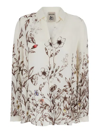 Semicouture White Shirt With V Neck And All-over Floral Print In Viscose Woman In Neutral