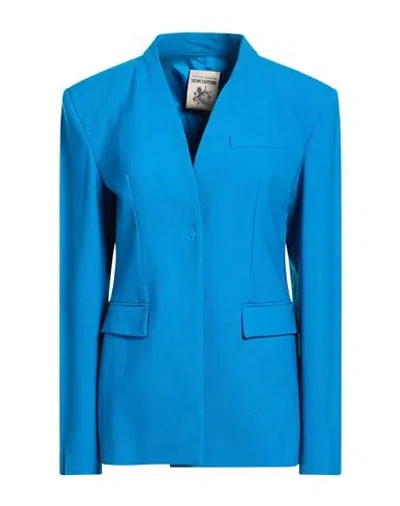 Semicouture Woman Blazer Azure Size 6 Polyester, Virgin Wool, Elastane In Metallic