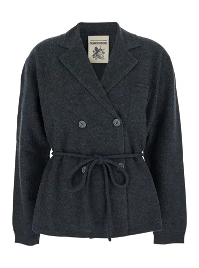 SEMICOUTURE GREY JACKET WITH CLASSIC REVERS AND WAISTBAND IN WOOL WOMAN