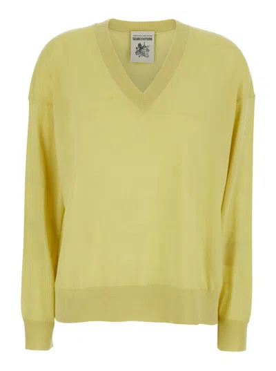 Semicouture Yellow Sweater With Dropped Shoulders And V Neck In Wool Woman In Green