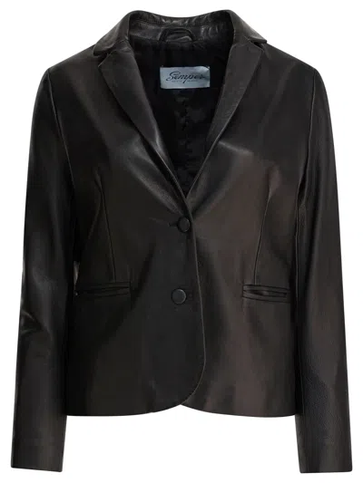 Semper Black Leather Blazer Jacket In Brown