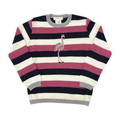 Semsem Kids' Flamingo Embroidered Stripe Pull Over Top In Charcoal