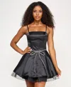 Seni & Cade Juniors' Beaded-bow-trim Satin Fit & Flare Dress In Black
