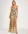 Seni & Cade Juniors' Bow Sequin Square Neck Long Dress In Gold