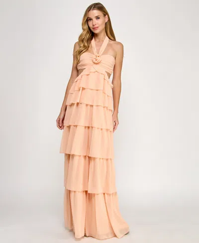 Seni & Cade Juniors' Chiffon Cutout Ruffle Gown In Peach