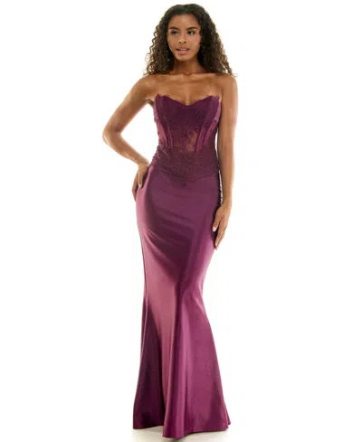 Seni & Cade Juniors' Corset Lace Glitter Satin Dress In Brown