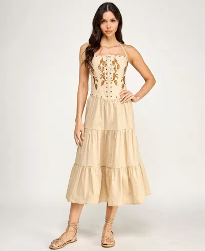Seni & Cade Juniors' Embroidered Lace Up Halter Neck Corset With Nail Heads Skirt In Sand