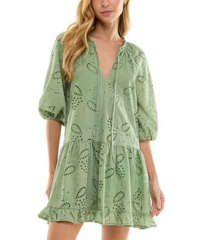 Seni & Cade Juniors' Eyelet Embroidered Blouson-sleeve Shift Dress In Green