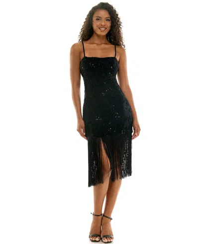 Seni & Cade Juniors' Floral Beaded Fringe Dress In Black