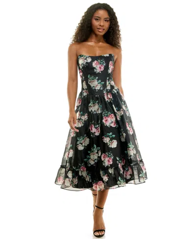 Seni & Cade Juniors' Floral Corset-detailed Midi Dress In Black,green,pink