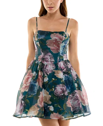 Seni & Cade Juniors' Floral Printed Square Neck Mini Dress In Blue