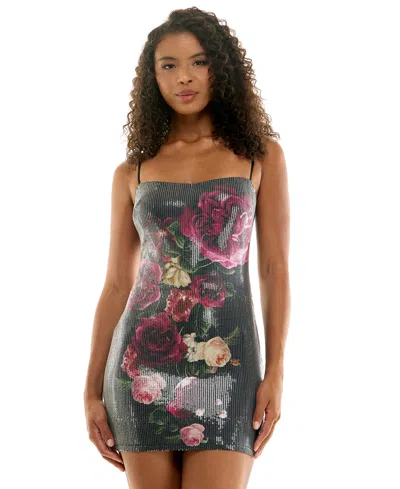 Seni & Cade Juniors' Floral Sequin Slim Sweetheart Neck Short Dress In Multi