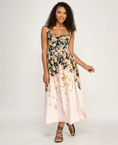 Seni & Cade Juniors' Floral Sweetheart Neck Midi Dress In Multi