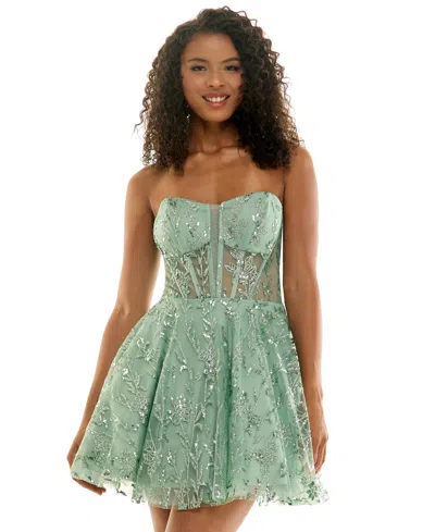 Seni & Cade Juniors' Glitter Strapless Bustier Corset Fit & Flare Mini Dress In Green