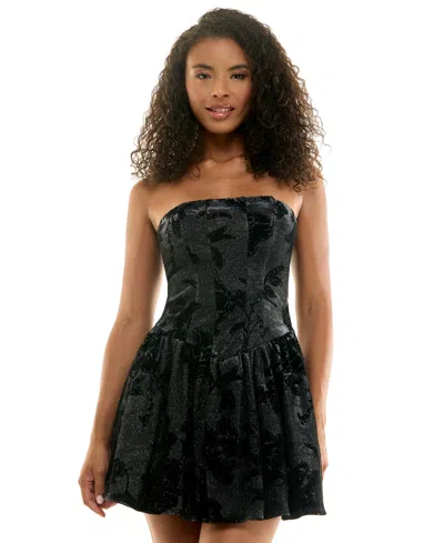 Seni & Cade Juniors' Glitter Strapless Floral-print Dress In Black